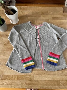 Mini Boden Gray Cardigan with Rainbow Stripe Cuffs
